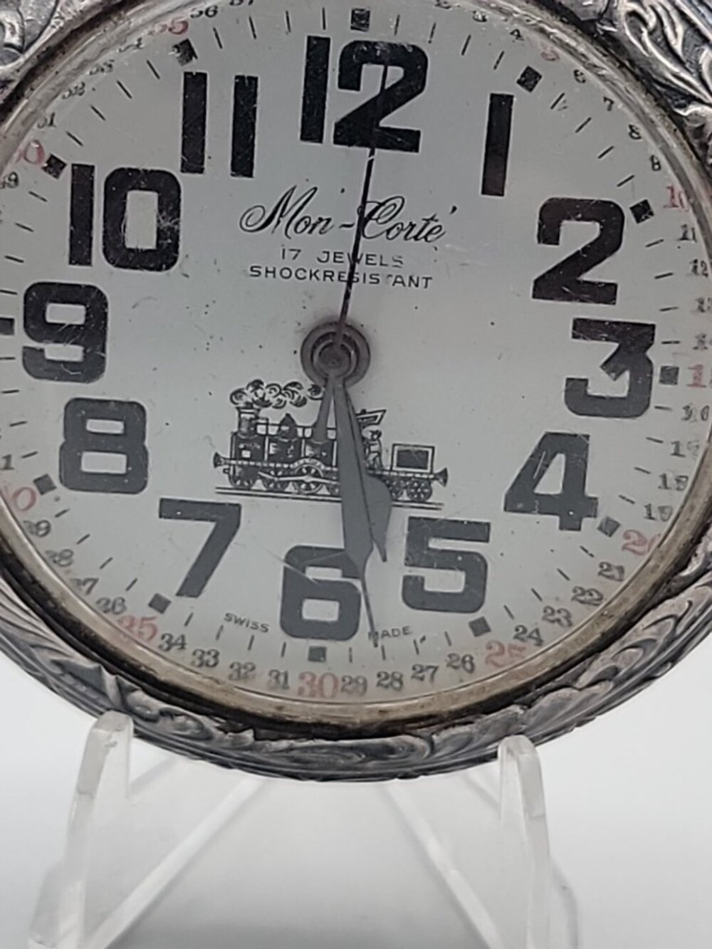 Swiss Railroad Grade Wind Pocket Watch Mon-Corte By EVASO SA 17j Antique - Picture 6 of 16